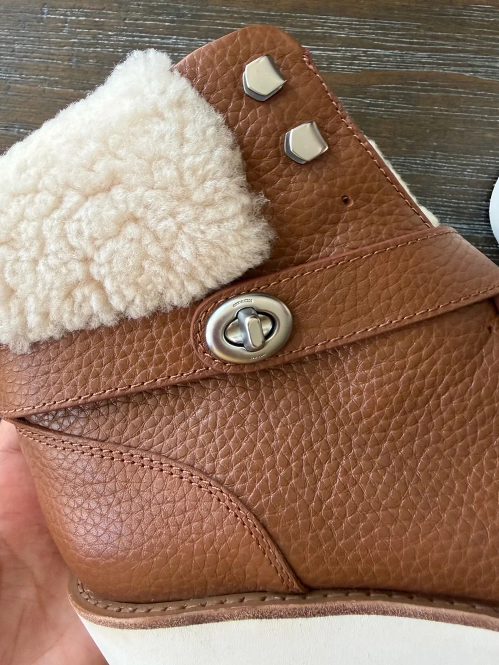 Coach Kenna British Tan Leather Shearling Wedge Booties‎